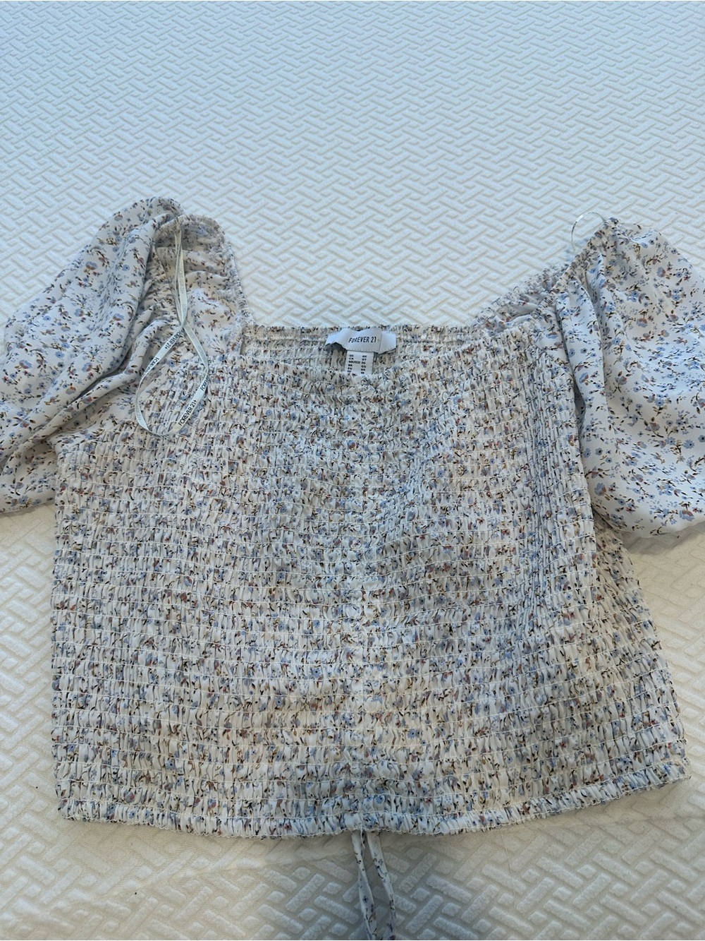 Forever 21 Cream Floral Smocked Puff-Sleeve Top